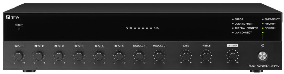 TOA | Mixer/Digital Amplifier
- 120W - Six audio input, 2
slots for 900 series modules