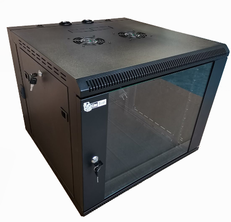 LIONBEAM | Cabinet 9 U with
glass door,2 Fans,lockable
side panles, Screw holes,4
vertical movable rails WIth
removable back