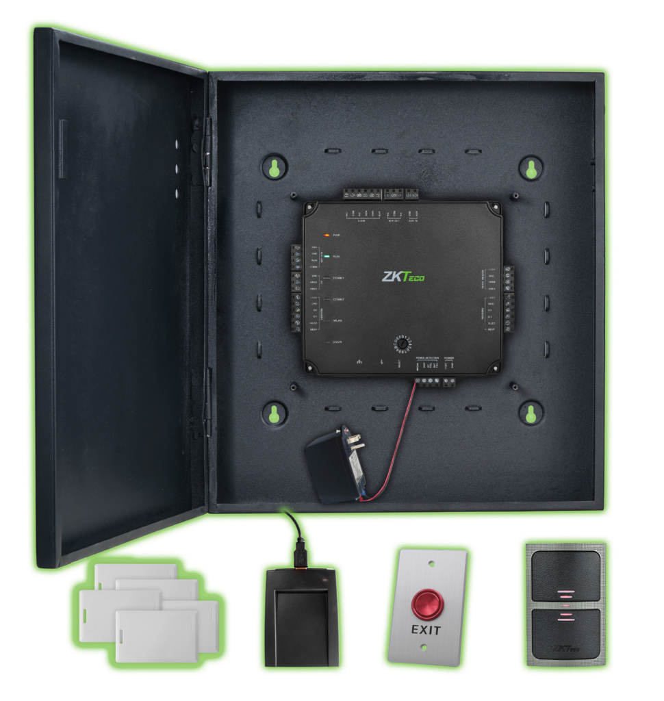 ZKTeco | Access Control 1 Door
Kit Cabinet &amp; Power Supply, 1
KR500E, 1 PTE-, 1 CR10E, 50
Prox Clamshell Cards