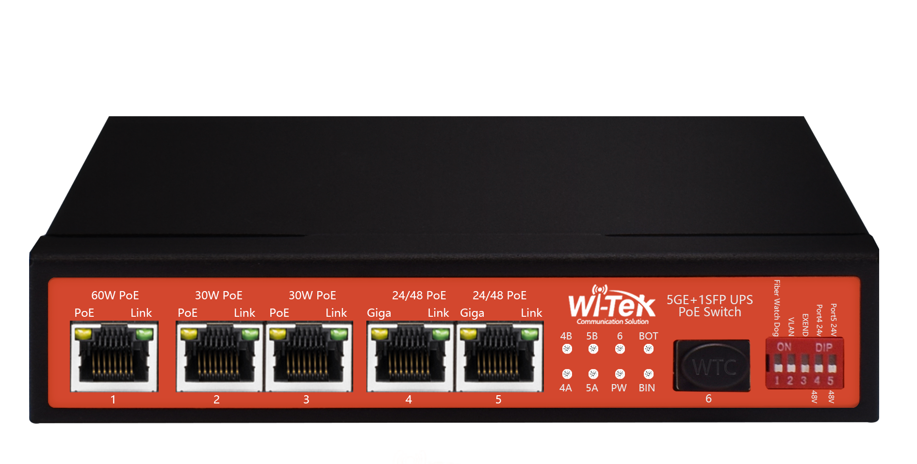 Wi-Tek | Switch 5 Ports PoE
Gigabit 1 SFP Port Designed
For Solar Power